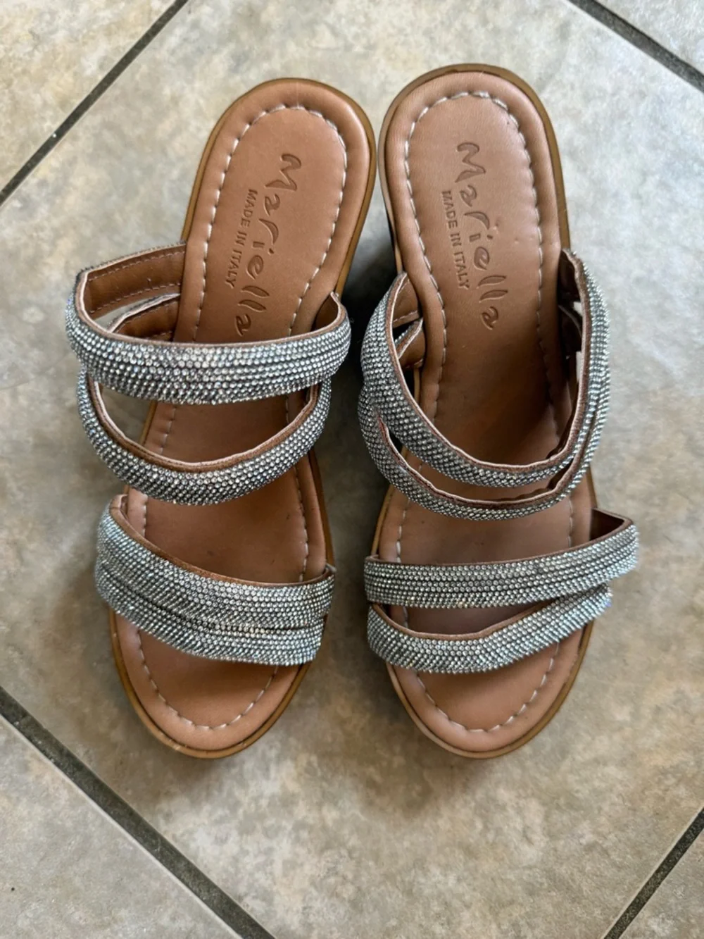 Marille. Silver Crystal Strappy Brown Wood Wedge Sandals soft rubber - Picture 2 of 7